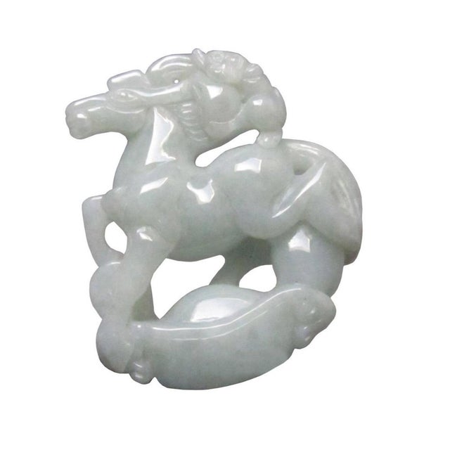 1980s White Green Jade Chinese Zodiac Monkey Ridding on Horse Stepping on Fortune Pendant For Sale - Image 5 of 7