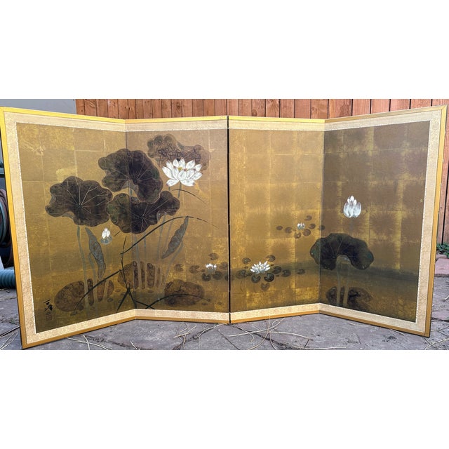 Vintage Japanese Byobu With Painted Lotus Flowers 4 Panels Folding Screen For Sale - Image 16 of 16