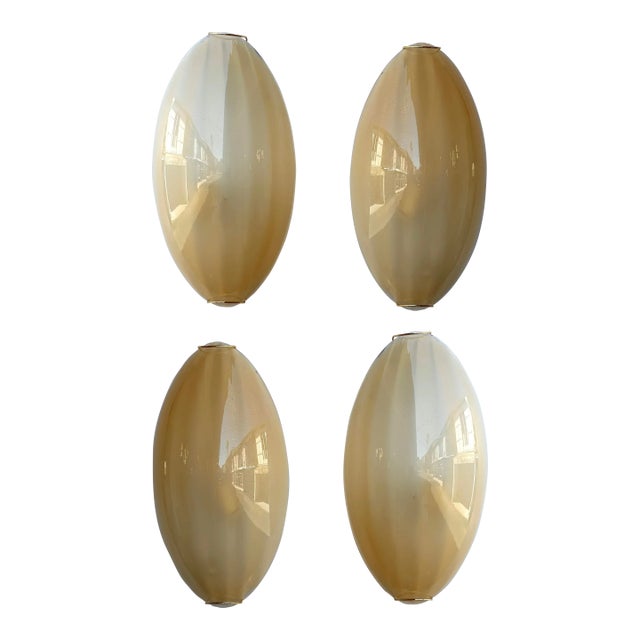 Contemporary Pair of Yellow Gold Leaf Murano Glass and Brass Sconces, Italy For Sale