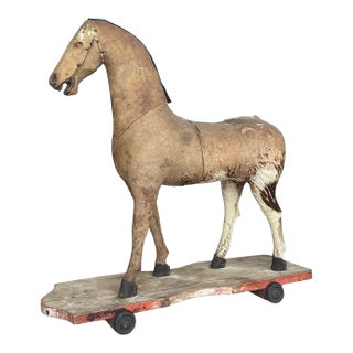 Decorative 19th-Century Carved Wooden Horse on Platform For Sale