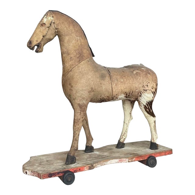 Decorative 19th-Century Carved Wooden Horse on Platform For Sale