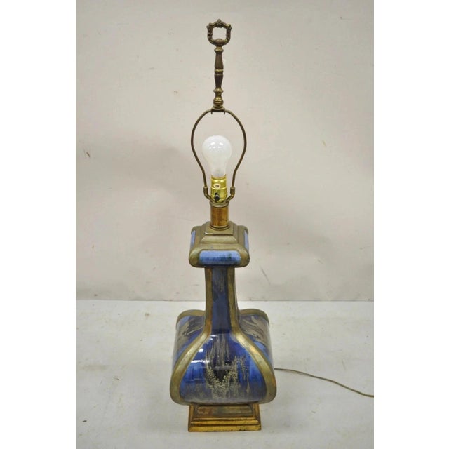 Vintage Mid Century Modern Blue Drip Glazed Sculpted Ceramic Pottery Table Lamp For Sale - Image 9 of 11