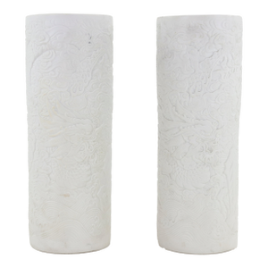 Pair of Bisk White Chinese Porcelain Cylinder Vases With Dragon Relief