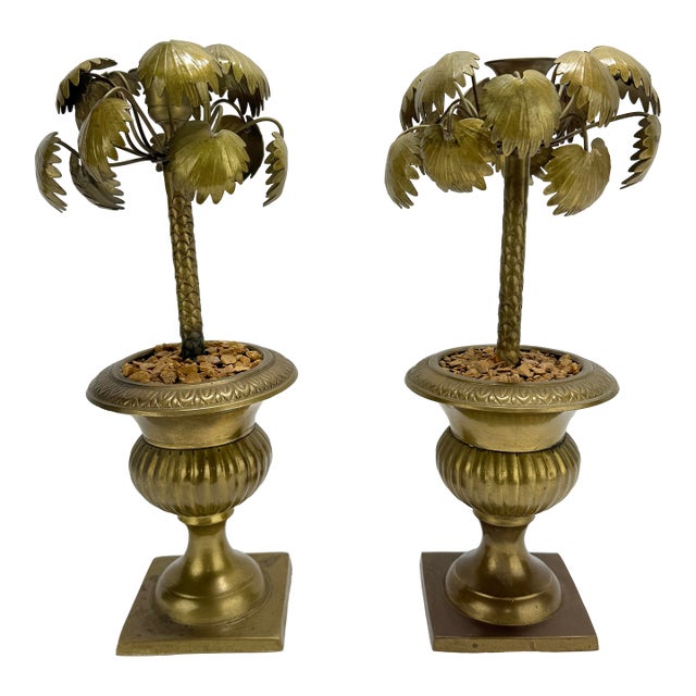 Pair of Vintage Brass Palm-Form Candlesticks in Classical Urn Stands For Sale