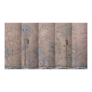 Chinoiserie Hand‑Painted Wallpaper Panels, Taupe Tropical Floral Bird & Monkey Motifs, Set of 5 For Sale