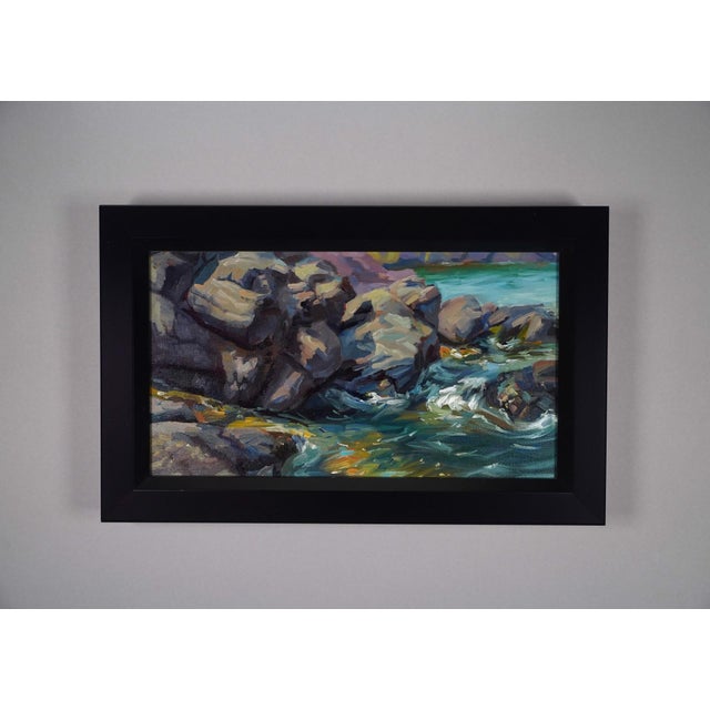 This oil painting captures the rugged beauty of Presque Isle, showcasing a dynamic interplay between the textured rocks...