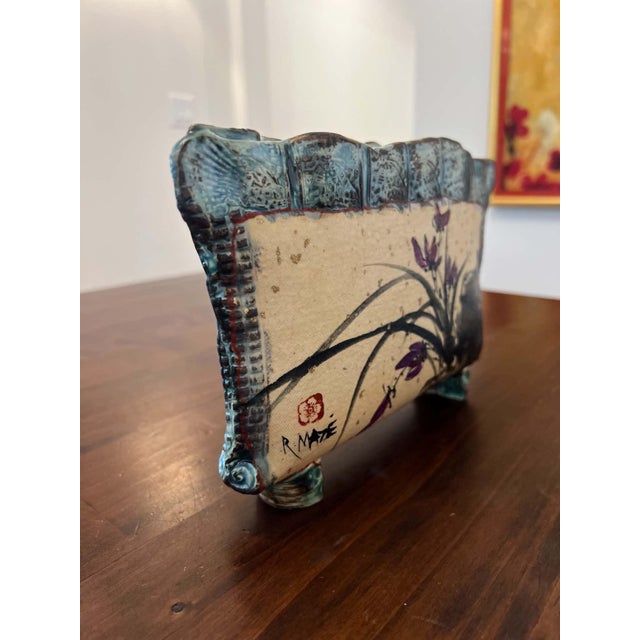 Cream R. Maze Hand-Painted Ceramic Jardinière, “Orchids and Rocks,” 2012 For Sale - Image 8 of 8