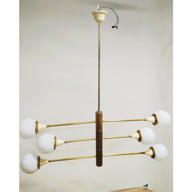 Mid-Century Brass Chandelier with 6 Opaline Spheres, Italy, 1960s For Sale - Image 14 of 14