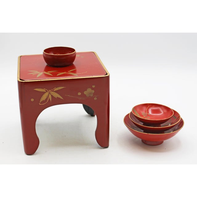 Vintage Japanese red lacquer Sakazuki Sake Set with Stand. Square ceremonial stand & 3 nesting cups (storage in the...