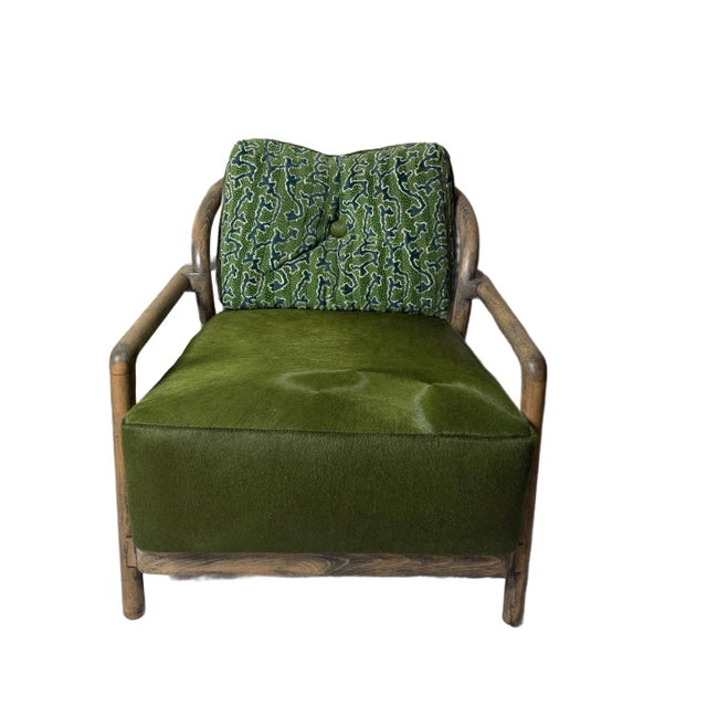 Gorgeous curvy mid century modern bowed back arm chair. Seat upholstered in striking green hair hide. Back cushion...