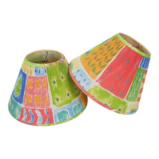 Pair of Vintage Robert Abbey Pleated Empire Lamp Shades, Multicolor Patchwork Floral For Sale