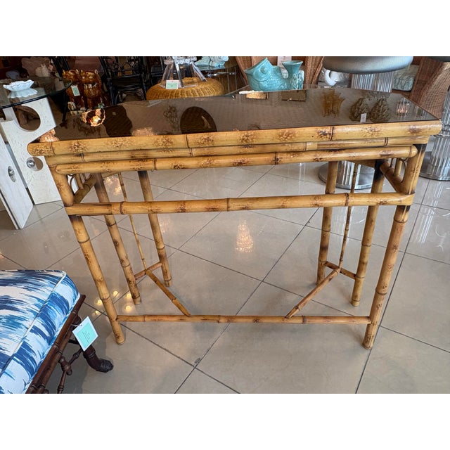 Vintage Brighton Style Rattan Woven Cane Tortoise Demi Lune Console Table For Sale In West Palm - Image 6 of 12