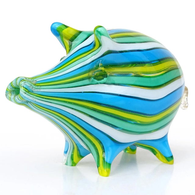 Mid-Century Modern Vintage Murano Fratelli Toso Blue Green White Yellow Stripes Gold Flecks Italian Art Glass Pig Figurine Sculpture For Sale - Image 3 of 10