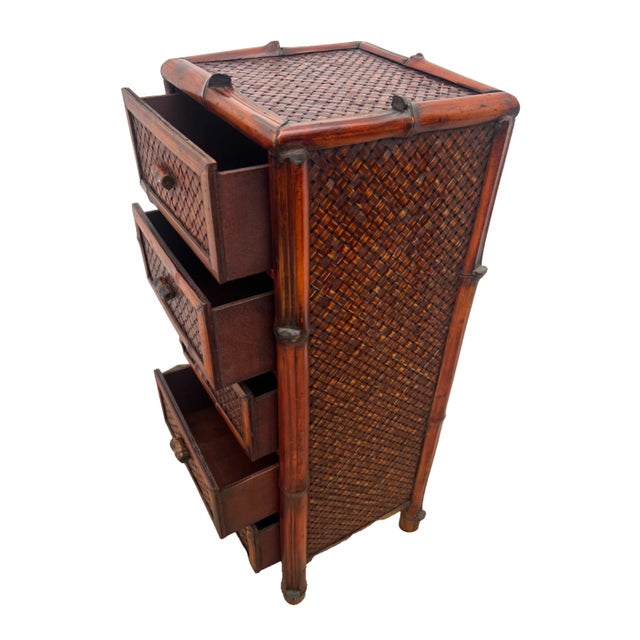 Wood Vintage Nightstand Cabinet Chest Five Drawers Bamboo / Wicker Tiki Petite Size For Sale - Image 7 of 12