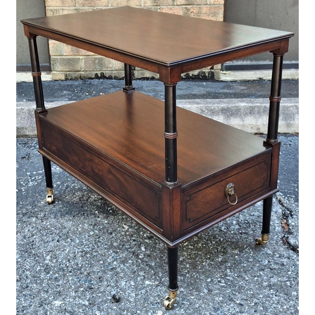Restored Beacon Hill Collection Inlaid Mahogany Tiered Rolling Side Table For Sale - Image 10 of 16