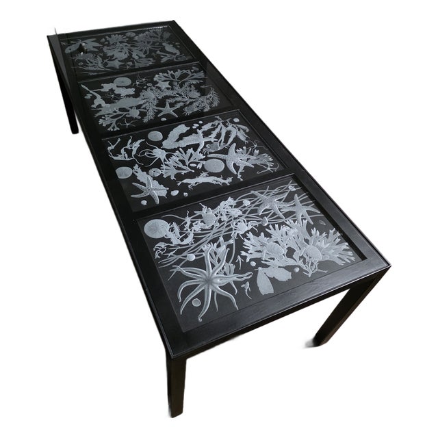 Hand Engraved Sea Life Glass and Metal Coffee Table For Sale