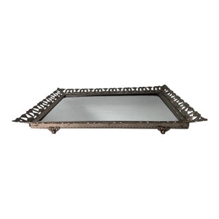 Vintage Gold Filigree Dresser Vanity Mirror Tray With Feet….. For Sale