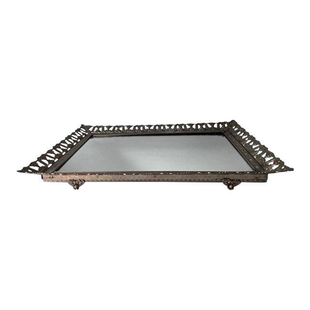 Vintage Gold Filigree Dresser Vanity Mirror Tray With Feet….. For Sale