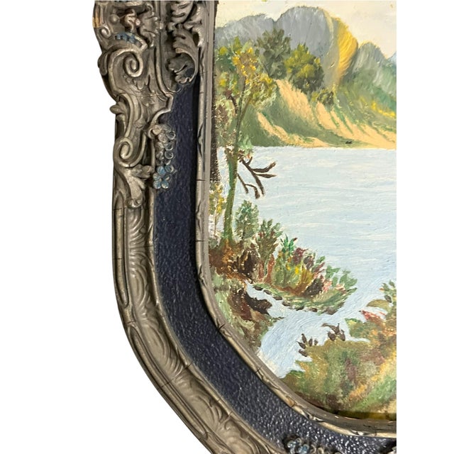 Mid 20th Century Vintage Folk Art Landscape Painting in Ornate Carved Frame For Sale - Image 5 of 10