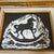 1970’s original folk art rocking horse block print in chunky gold frame with aged linen. Print has been cut down. Measures...