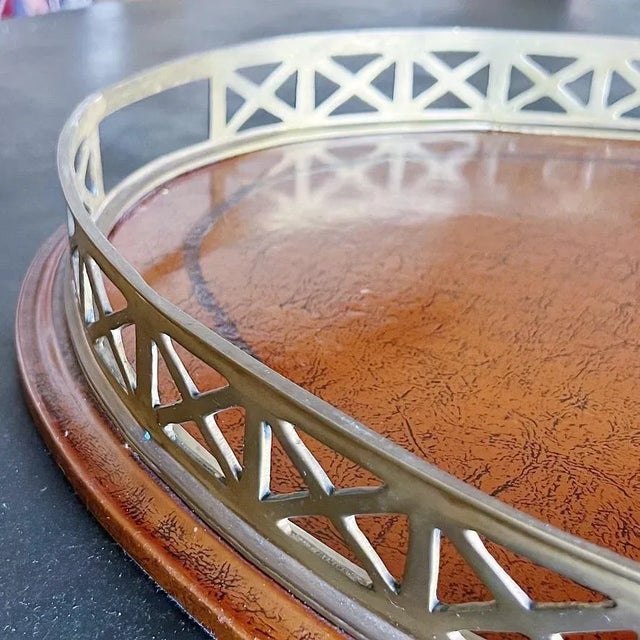 Mid 20th Century Mid-Century Oval Serving Tray With Embossed Leather and Brass Handle in Georgian Style For Sale - Image 5 of 9