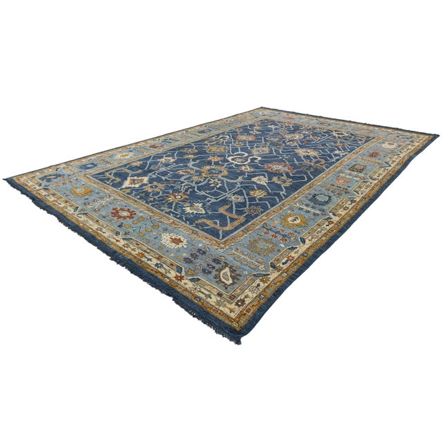 14x20 Hand-Knotted Modern Oushak Style Wool Rug in Indigo Blue & Earthy Motifs For Sale - Image 12 of 12