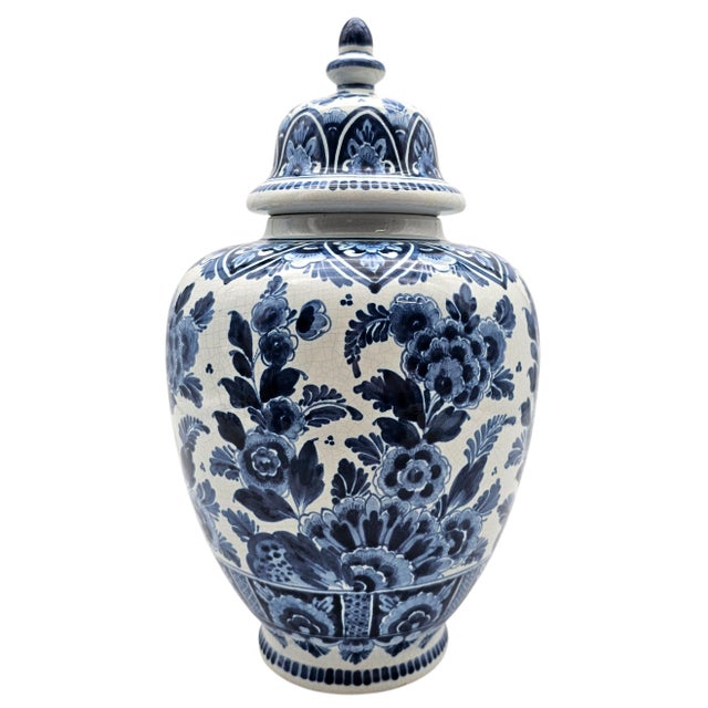 Blue Hand Painted Oud Delft Blue White Lidded Ginger Jar Vase 14.5" Hand Painted Dutch Faience For Sale - Image 8 of 13