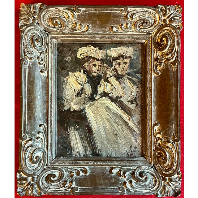 Antique 19th Century Continental Impressionist Oil Painting Portrait of Two Women in White Dresses For Sale - Image 12 of 12