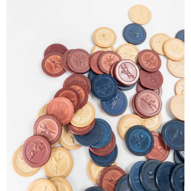Early 20th Century Mid-Century American Clay Embossed Horse and Jockey Poker Chips in Red White and Blue For Sale - Image 5 of 8