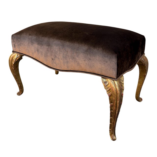 Maison Jansen Style Giltwood Palm Leaf Bench - Silk Velvet