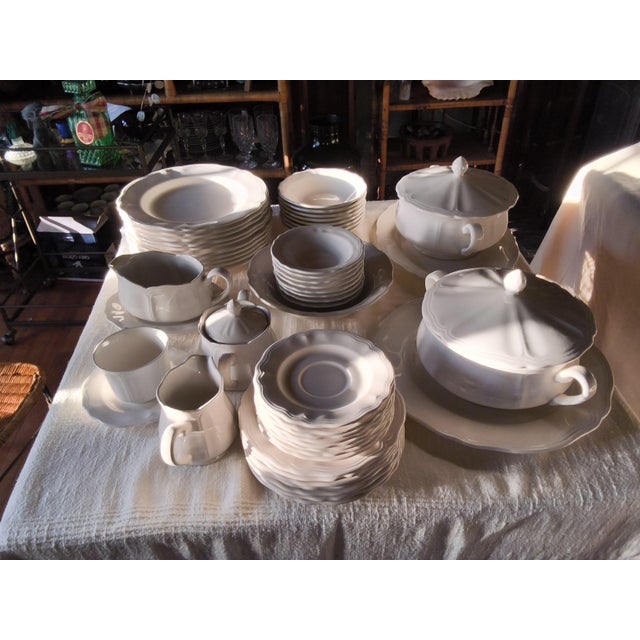Vintage Sears Federalist White Ironstone Dinnerware Set - (Complete Service for 8 and Serving Pieces) Bonus Free Crystal Wine Glasses - 81 Pieces For Sale - Image 17 of 18