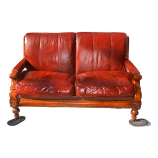1970s Fairfield Burnt Red Rust Leather Loveseat / Settee / Sofa With Carved Wood Frame & Nail Head Trim For Sale