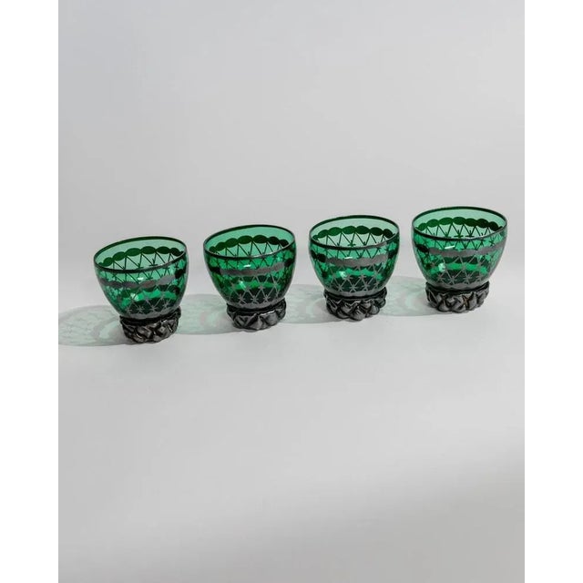 Vintage Green Murano Glass Liqueur Decanter and Glasses with Hand-Painted Silver Decor, Italy, 1930s, Set of For Sale - Image 3 of 11