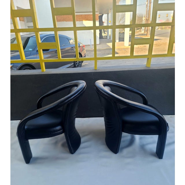 Sculptural Pair of Post Modern Club Chairs for Carsons reupholstered in Dark Blue Leather that reads Black. Sculptures...