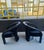 Sculptural Pair Marge Carson Post Modern Club Chairs for Carsons reupholstered in Dark Blue Leather that reads Black....