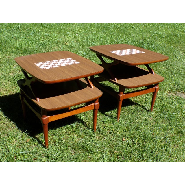 Vintage Pair Reiss Mid Century Modern 2 Tier Tile Top Walnut Side Tables For Sale - Image 13 of 17