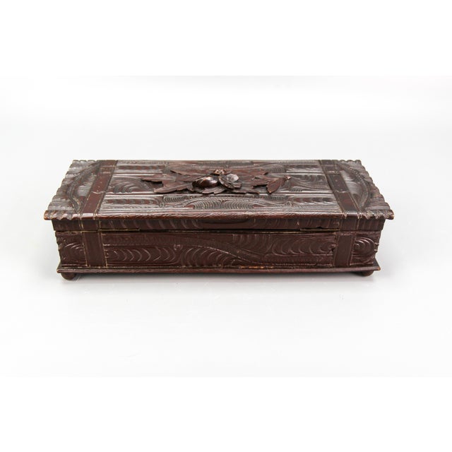 Black Antique Swiss Black Forest Dark Brown Carved Wood Glove Box, Ca. 1900s For Sale - Image 8 of 18
