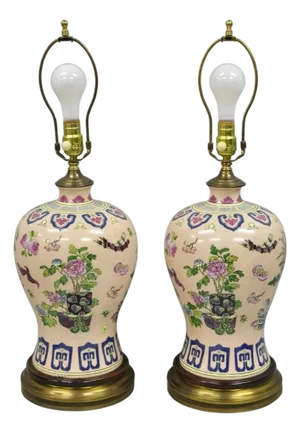 Vintage Chinoiserie Pink Porcelain Ginger Jar Jardinière Vase Table Lamp a Pair