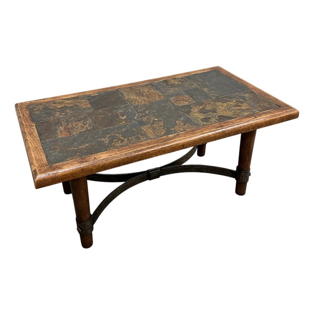 French Slate and Oak Coffee Table with Sculptural Iron Base, 1960s For Sale