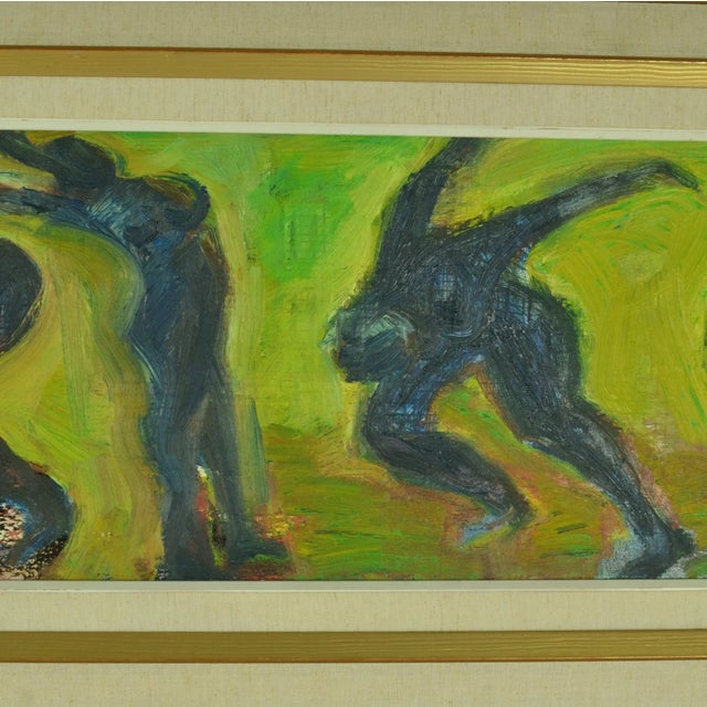 Dynamic Swedish figurative painting of five contemporary dancing women in a green field by R. Dagstrom 1960's. The artist...