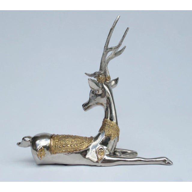 Boho Chic Vintage C.1970's Asian (Thailand) Nickel Plate and Gilt Gold Embellished Antler Reindeer For Sale - Image 3 of 12