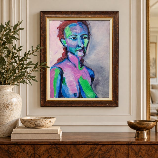 Striking vintage original Fauvist-inspired expressionist painting depicting a stylized female nude in vibrant shades of...