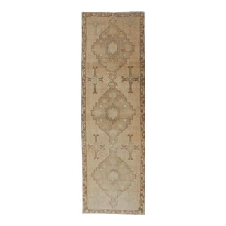 Vintage Turkish Oushak Runner Neutral and Warm Colors With Tribal Medallions For Sale