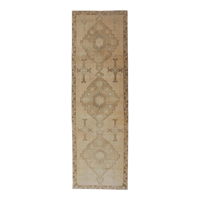 Vintage Turkish Oushak Runner Neutral and Warm Colors With Tribal Medallions For Sale