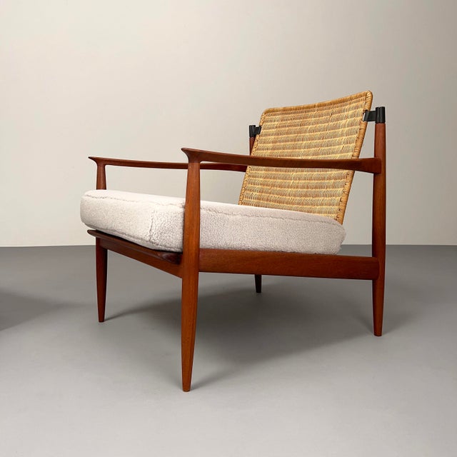 Set of Teak Armchairs with Rattan Backrests & Bouclé Covers by Carl Straub / Goldfeder, Germany 1960s For Sale - Image 4 of 15