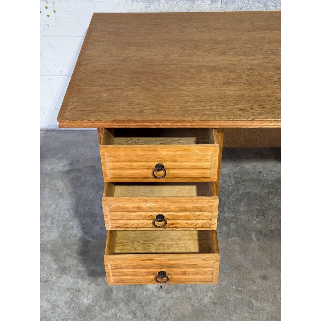 In Style of Henning Kjærnulf Oak Executive Desk With 6 Drawers Open Bookshelf Denmark Mid-Century Modern 1960s For Sale - Image 11 of 13