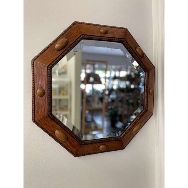 Antique Arts and Crafts Octagonal Beveled Mirror With Carved Oak Frame and Decorative Wood Peg Inlays For Sale In Seattle - Image 6 of 8