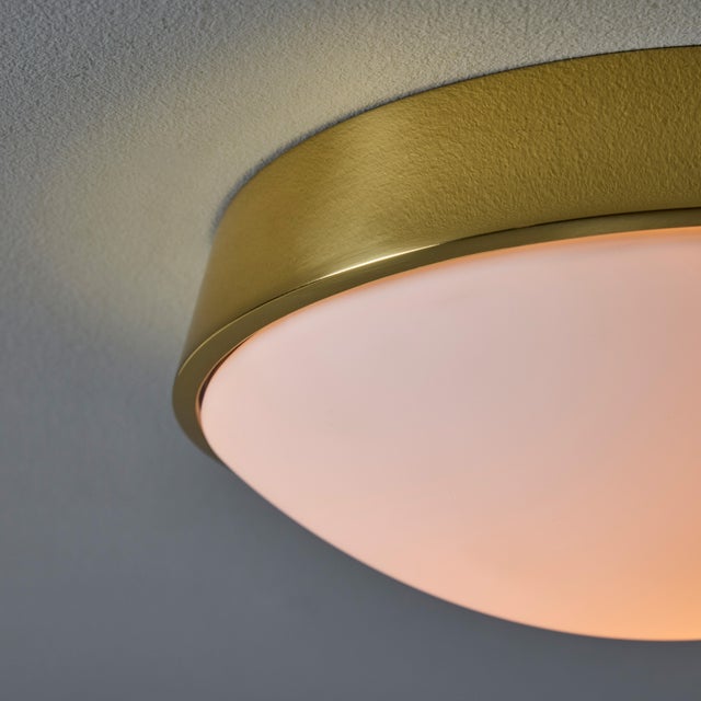 Glashütte Limburg Brass & Opaline Glass Flush Mount in the Manner of Stilnovo. A quintessentially minimalist design...