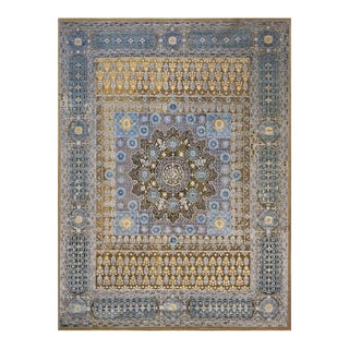Indian Retro Tabriz Wool & Silk 9X12 Tan and Blue Handmade Area Rug #1143723 For Sale