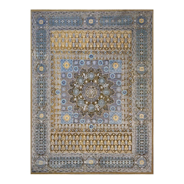 Indian Retro Tabriz Wool & Silk 9X12 Tan and Blue Handmade Area Rug #1143723 For Sale